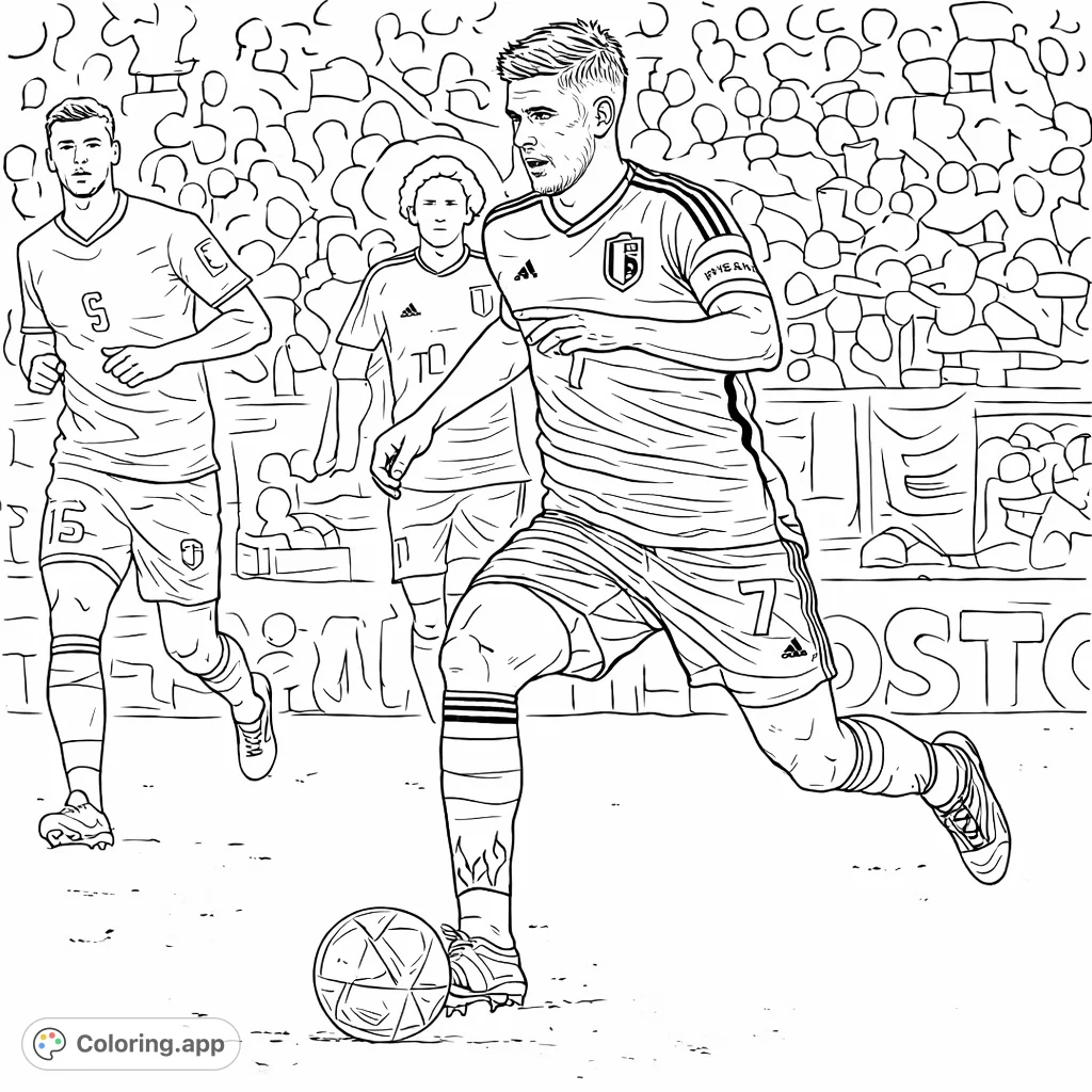 Capture the intensity of a soccer match with this dynamic coloring page featuring a player in motion, dribbling the ball on a stadium field.
