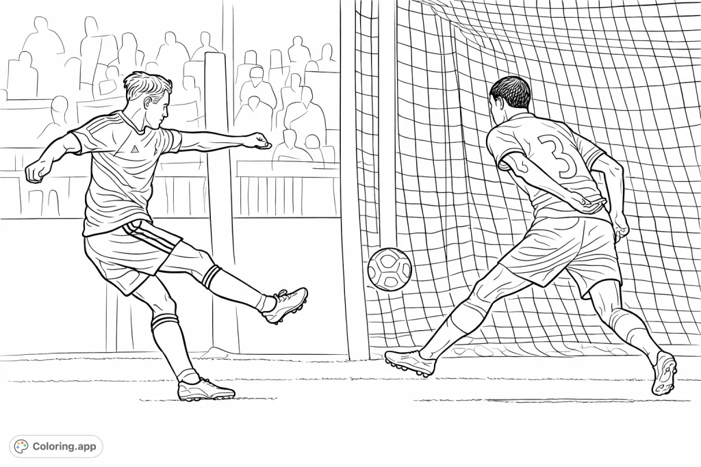 Capture the thrilling moment of a football player launching a powerful shot towards the goal, with a defender attempting a block. A dynamic sports scene.