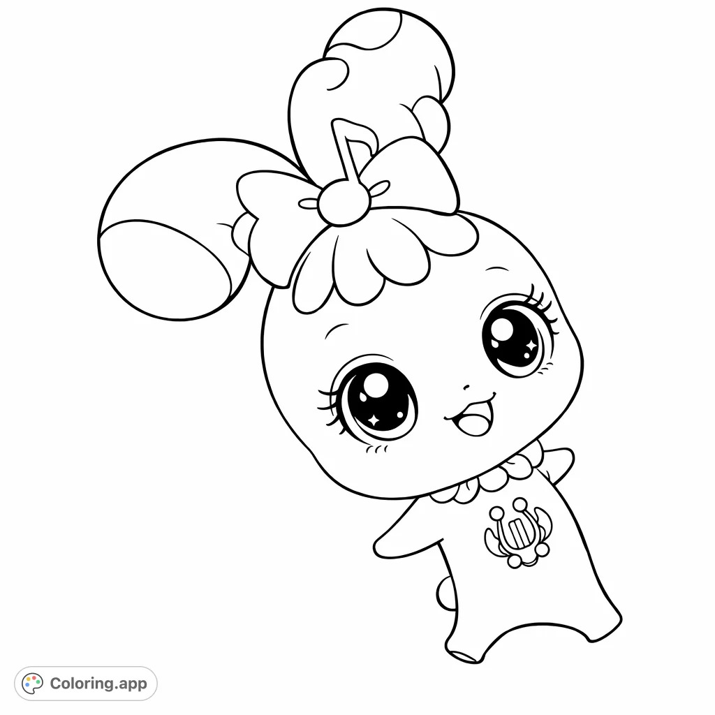 A delightful whimsical character with a musical note accessory and sparkling background, perfect for a fun coloring session. Unleash your creativity!