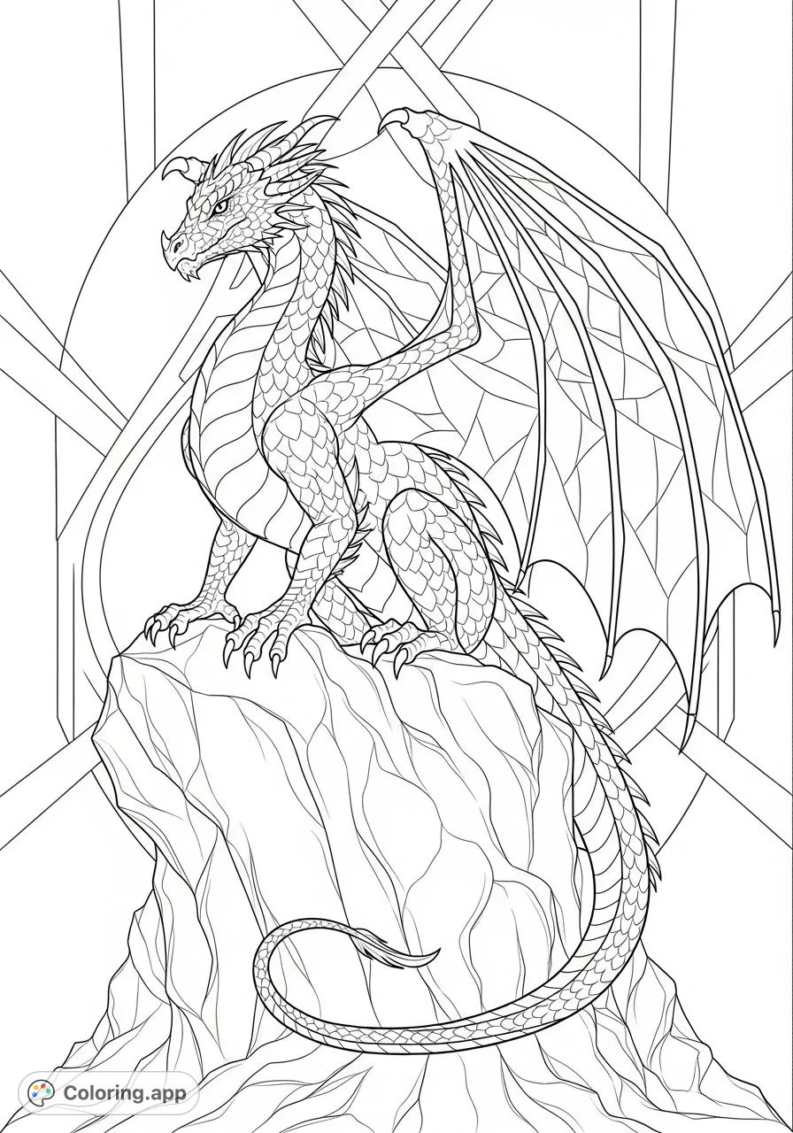 Explore a stunning stained glass dragon coloring page, featuring a realistic dragon perched on a rock amidst geometric patterns. Perfect for all ages!