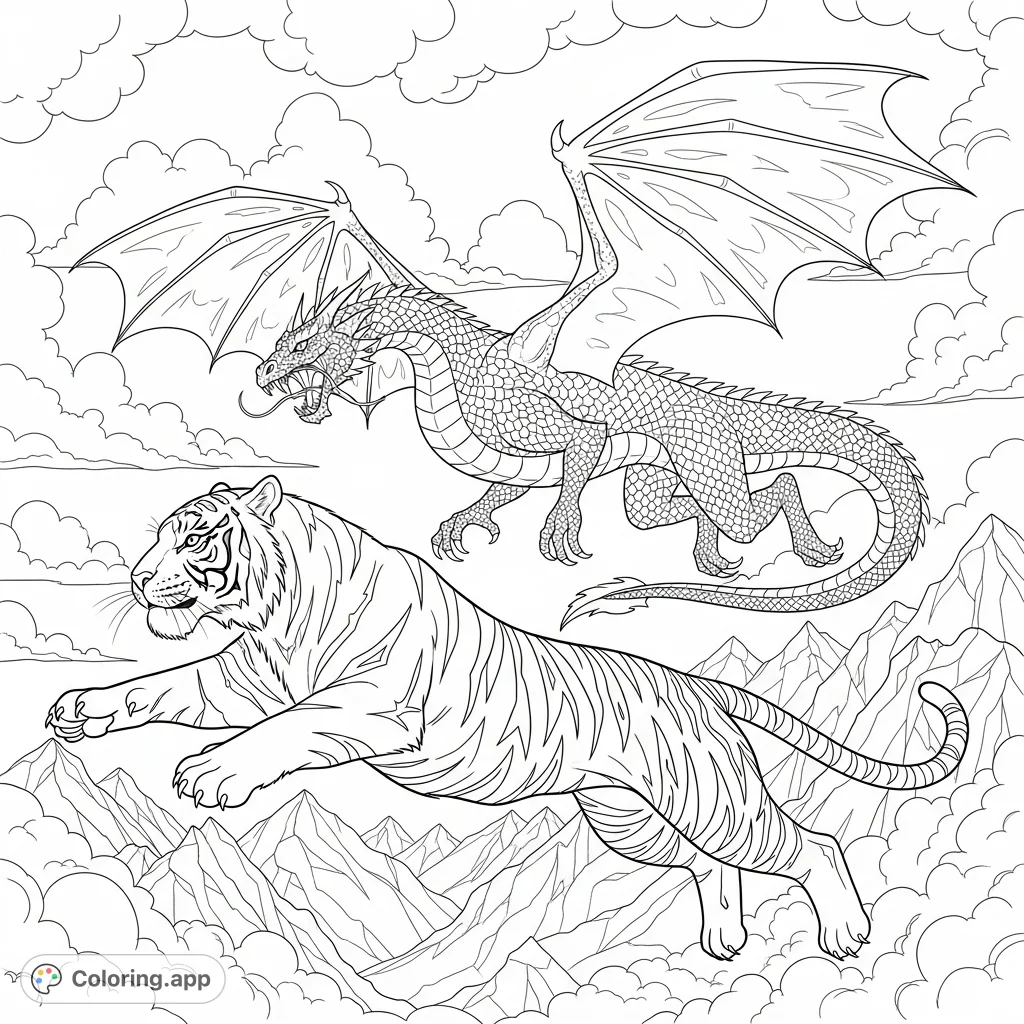 Witness a thrilling fantasy chase as a powerful striped tiger flees a formidable, scaled dragon through a dramatic, cloud-filled mountain landscape.