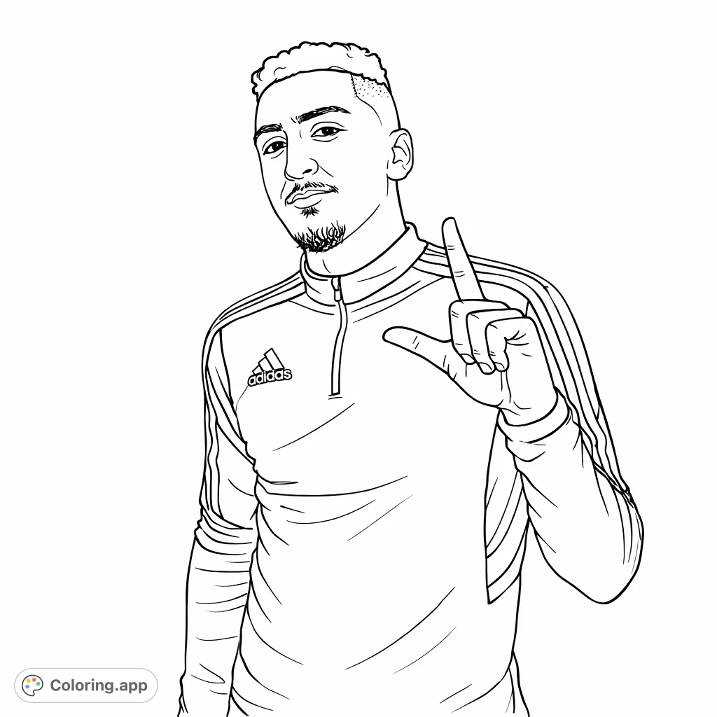 Capture contemporary fashion with this dynamic sportswear portrait coloring page. Features a stylish man in an athletic top with distinct stripes and a unique hand gesture.