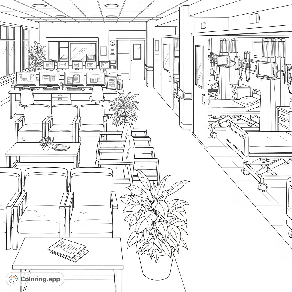 Explore a realistic hospital scene featuring a busy nurse station, patient rooms with beds and monitors, and a serene waiting area with plants. A detailed healthcare setting.