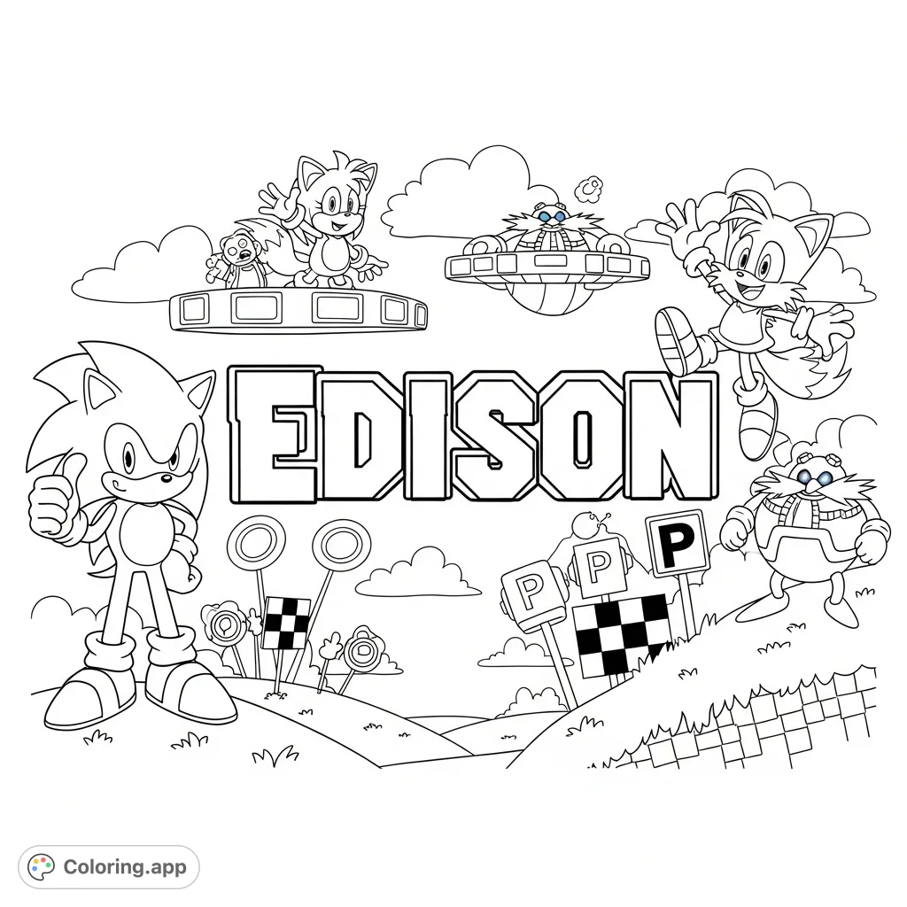 Explore a dynamic Sonic-themed landscape featuring Sonic, Tails, and Amy, with iconic elements like rings and robots, all surrounding the prominent name 'Edison'.