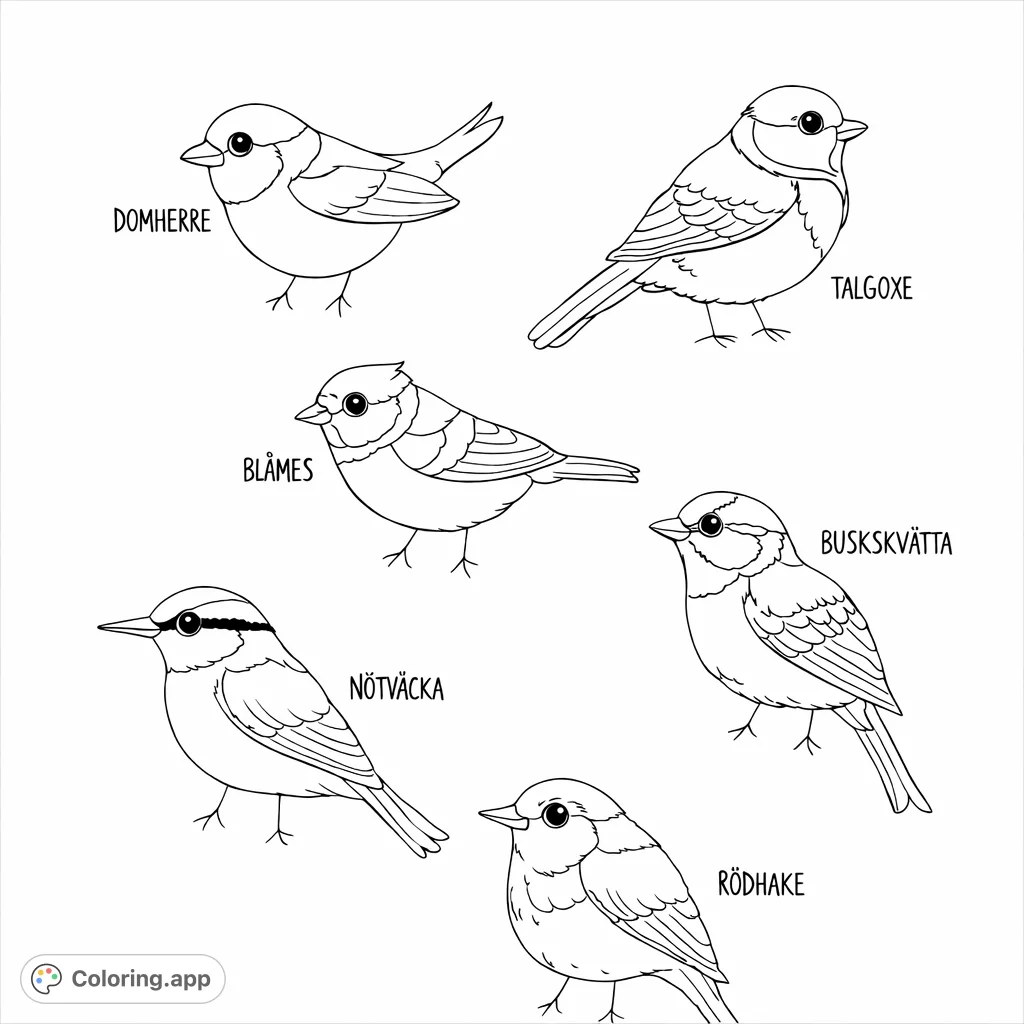 Discover six charming common bird species in this engaging coloring page. Perfect for nature lovers to bring these feathered creatures to life with their own palette.
