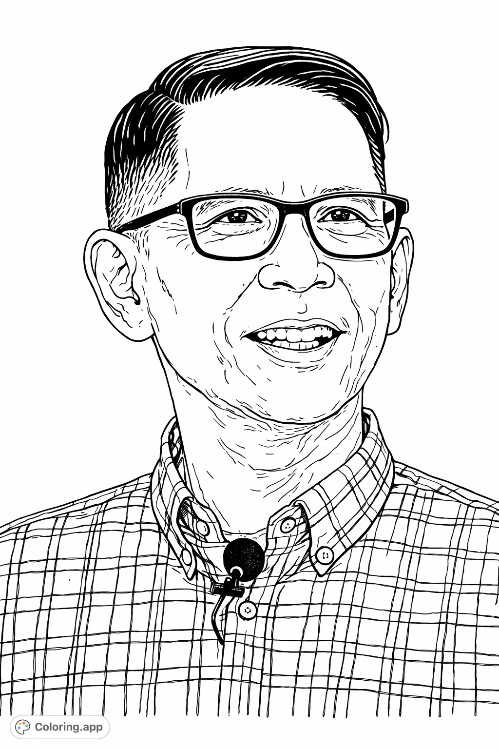 A detailed coloring page featuring a distinguished man wearing glasses and a checkered shirt. Perfect for practicing realistic portraiture and pattern work.