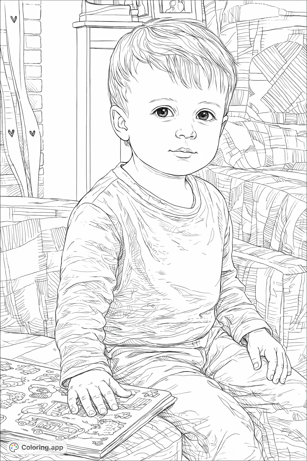 A sweet toddler sits attentively on a sofa, engrossed in a picture book. This charming scene offers a delightful, realistic coloring experience for all ages.