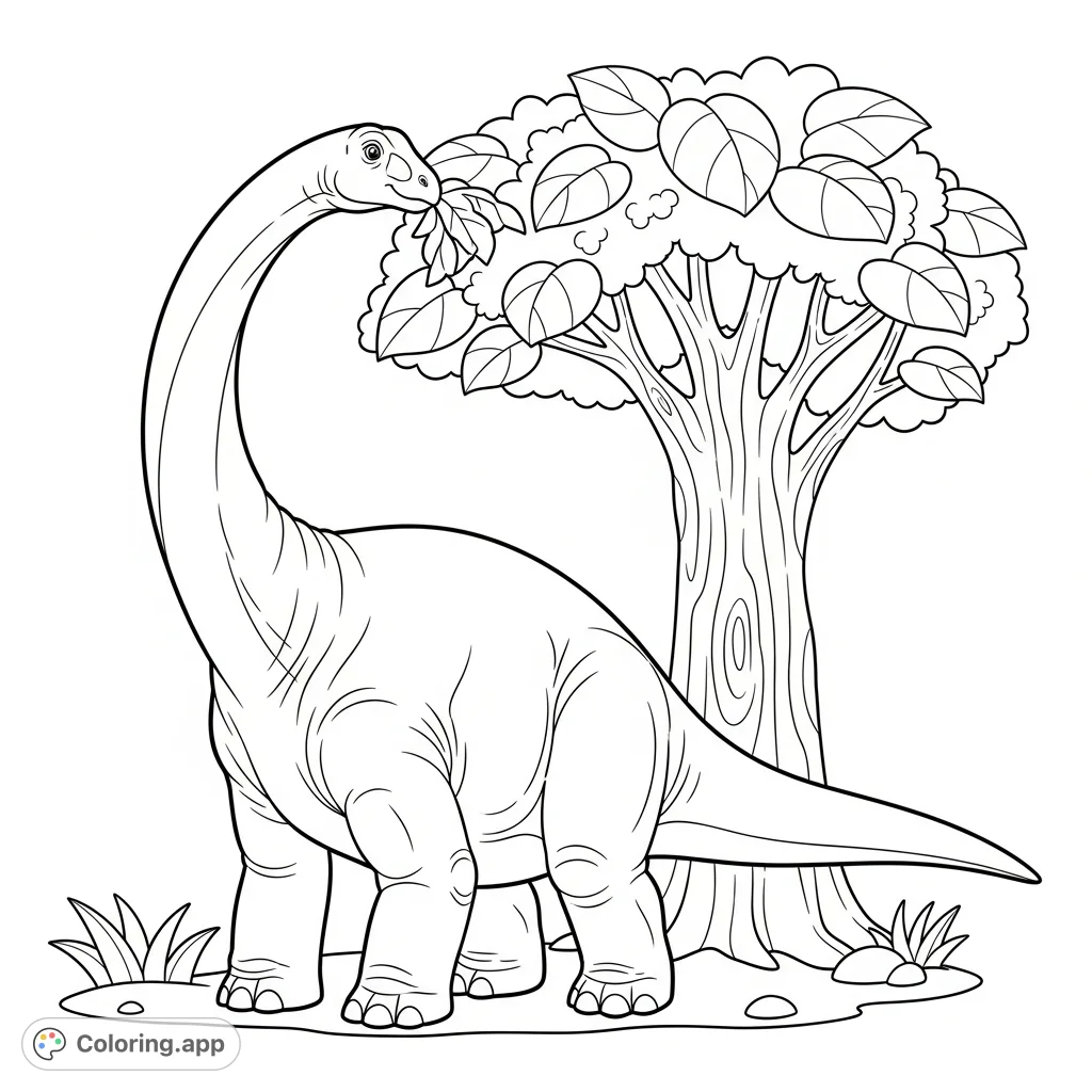 Discover a friendly Uberabatitan dinosaur peacefully grazing on trees. This easy coloring page features large, simple shapes perfect for young artists.
