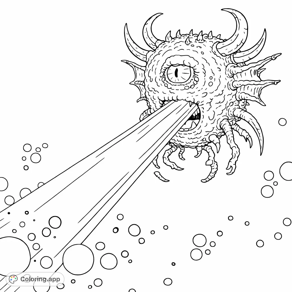 Encounter a formidable one-eyed cosmic beast, radiating energy from its jagged mouth. This unique creature coloring page offers intricate details for a creative challenge.