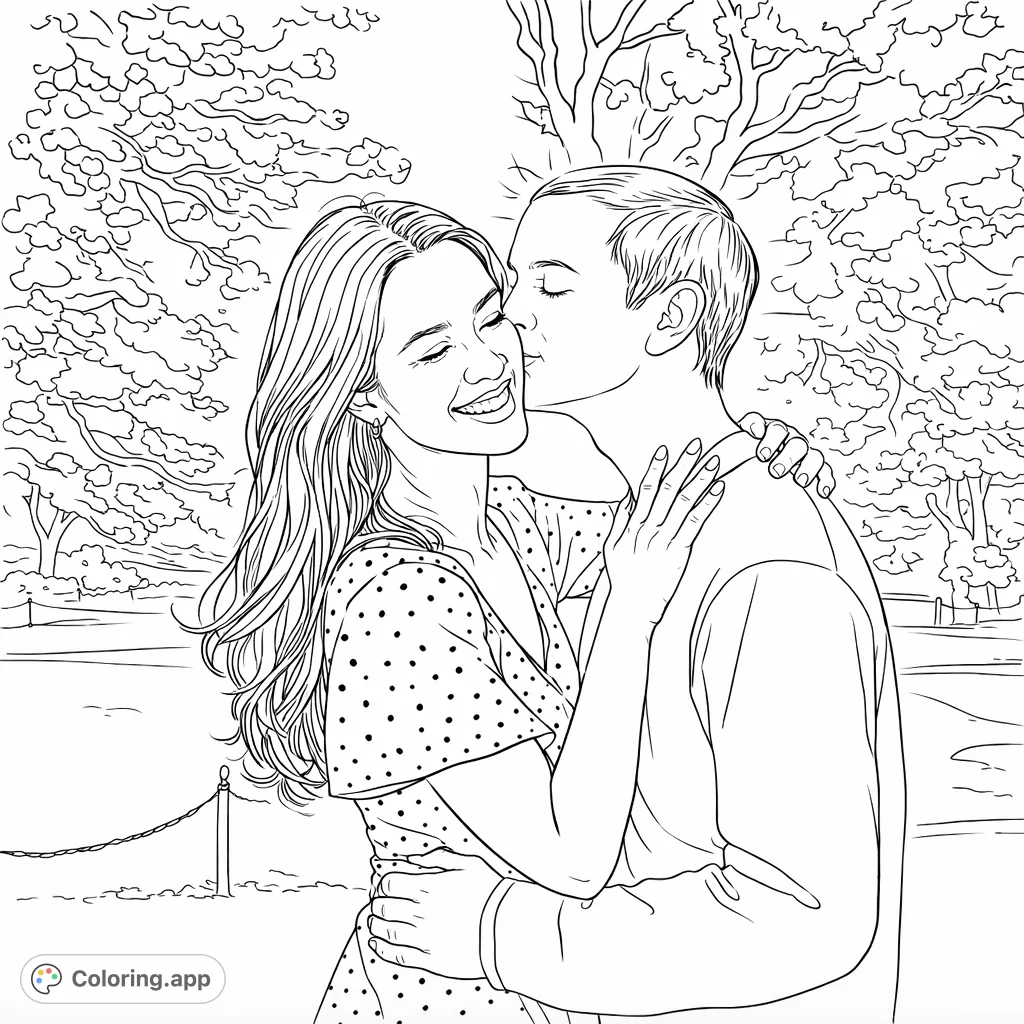 Capture a tender moment: a couple in a heartfelt embrace in a park setting. Ideal for expressing affection and shared happiness.