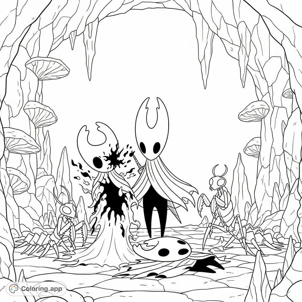 An intense Hollow Knight coloring page depicting the Knight in a cavernous chamber with Mantis Lords. A unique scene for fans of the game.