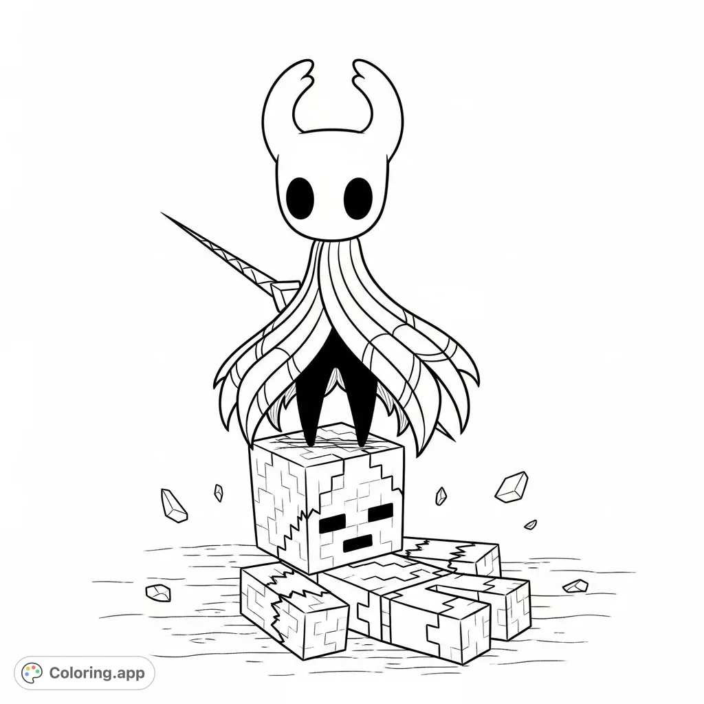 A unique crossover coloring page featuring Hornet from Hollow Knight interacting with a blocky Minecraft husk. A curious scene for fans to bring to life.