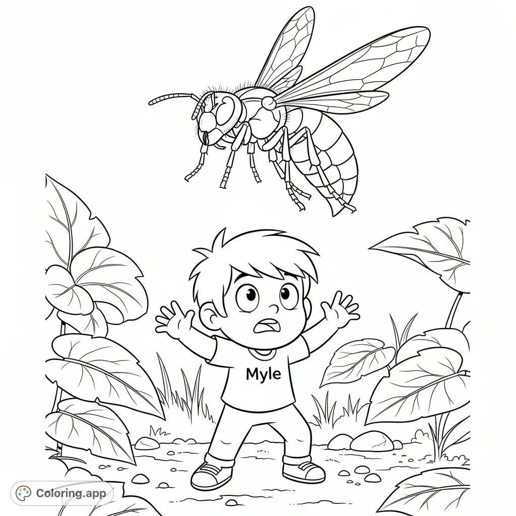 Experience Myle the minor's startled encounter with a buzzing hornet in this engaging Myle and Hornet coloring page, perfect for kids to explore expressions and nature.