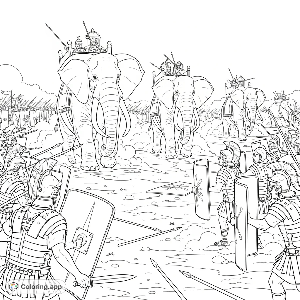 Engage in an epic historical journey with this detailed Roman Carthaginian War coloring page. Legionaries clash with mighty war elephants in an ancient battle.