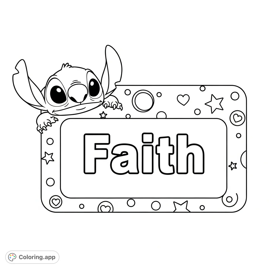 A playful name tag coloring page featuring Stitch peeking with a mischievous look, with the name 'Faith' in bold, adorned with stars and whimsical dots with hearts.