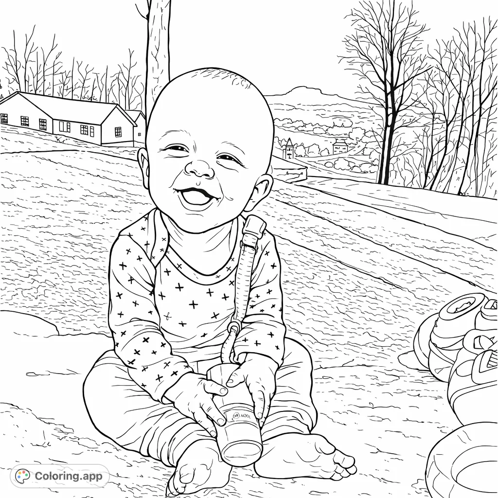 Capture a delightful moment with a smiling baby sitting outdoors, holding a bottle, with a charming neighborhood and hills in the background. A joyous scene.