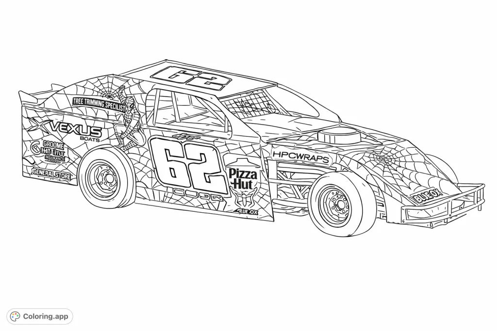 A dynamic race car featuring unique spider web patterns, the number 62, and a fun character. Perfect for speed enthusiasts and creative colorists.