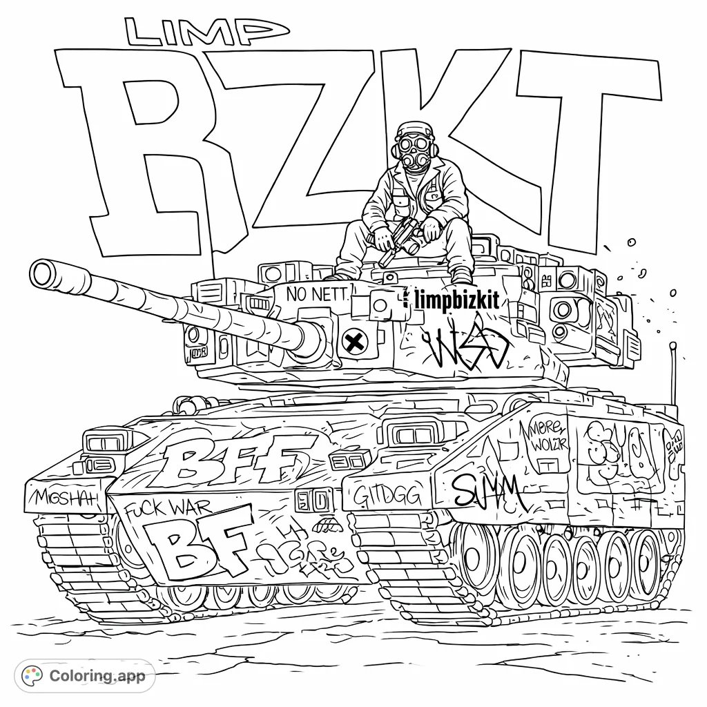 Dive into urban art with this intricate graffiti tank coloring page, featuring a unique figure and detailed tags. Perfect for those who love edgy designs.
