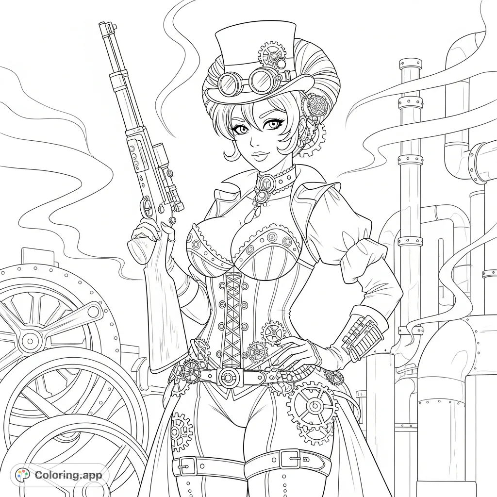 A buxom steampunk pinup figure in elaborate, gear-laden attire, holding a rifle in a provocative pose against a backdrop of intricate clockwork and industrial pipes.