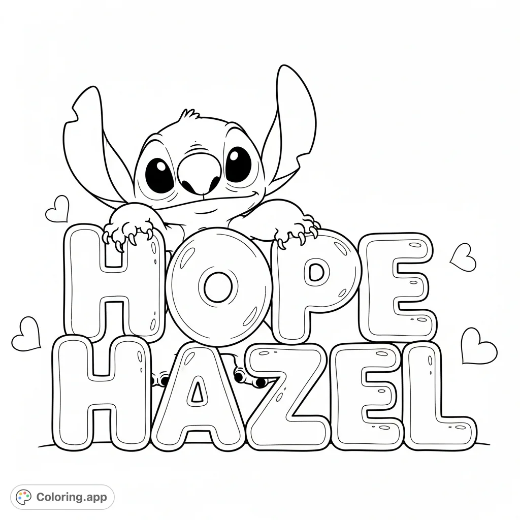 Stitch playfully interacts with large bubble letters spelling "Hope Hazel" against a plain background, perfect for a personalized and charming coloring page.