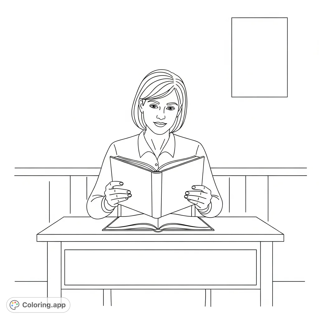 A serene teacher coloring page depicting a teacher calmly reading an open book at a desk, perfect for promoting education and quiet contemplation.
