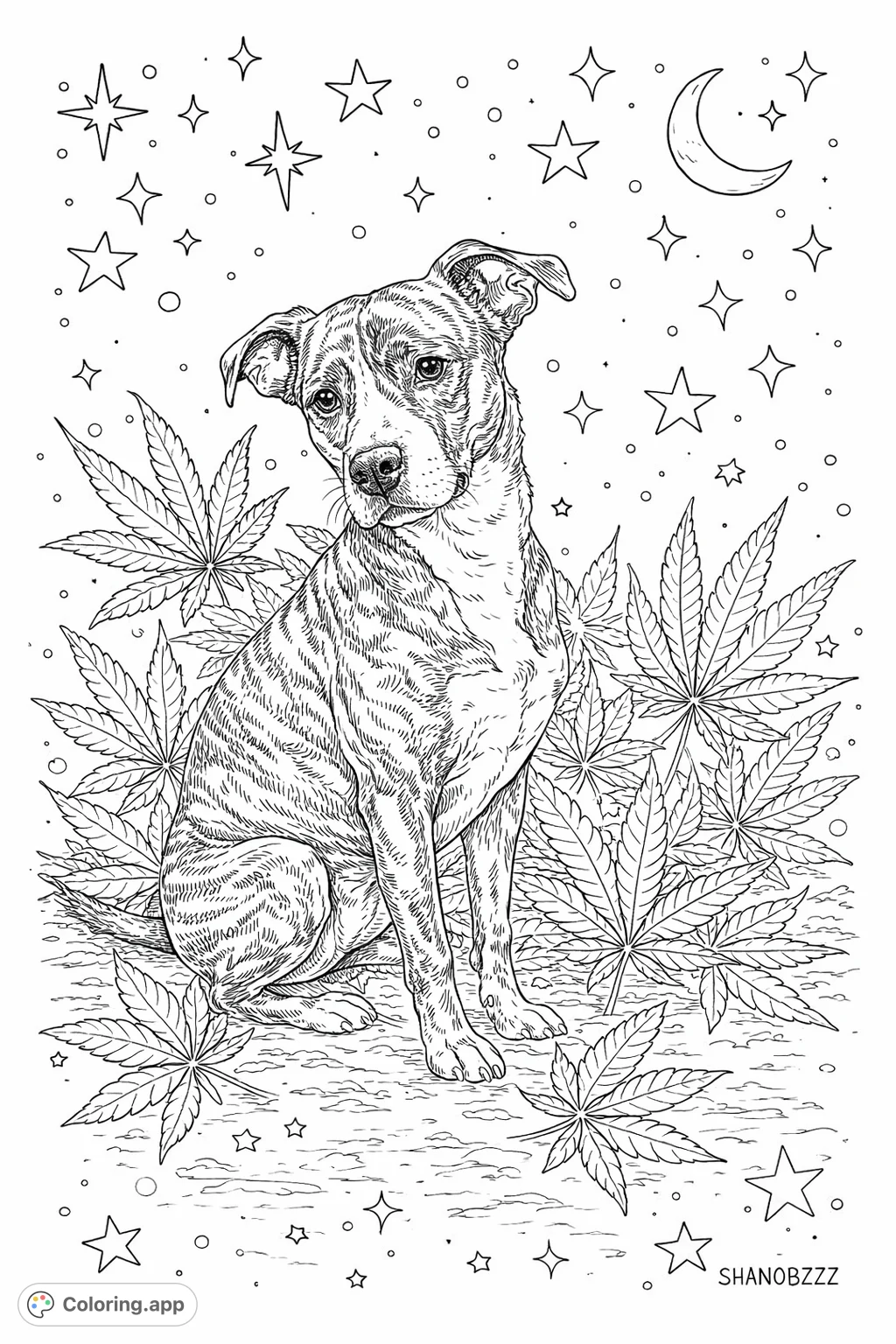 Discover a realistic brindle dog coloring page with celestial stars and intricate weed patterns. Perfect for detailed coloring, enhancing focus and creativity.