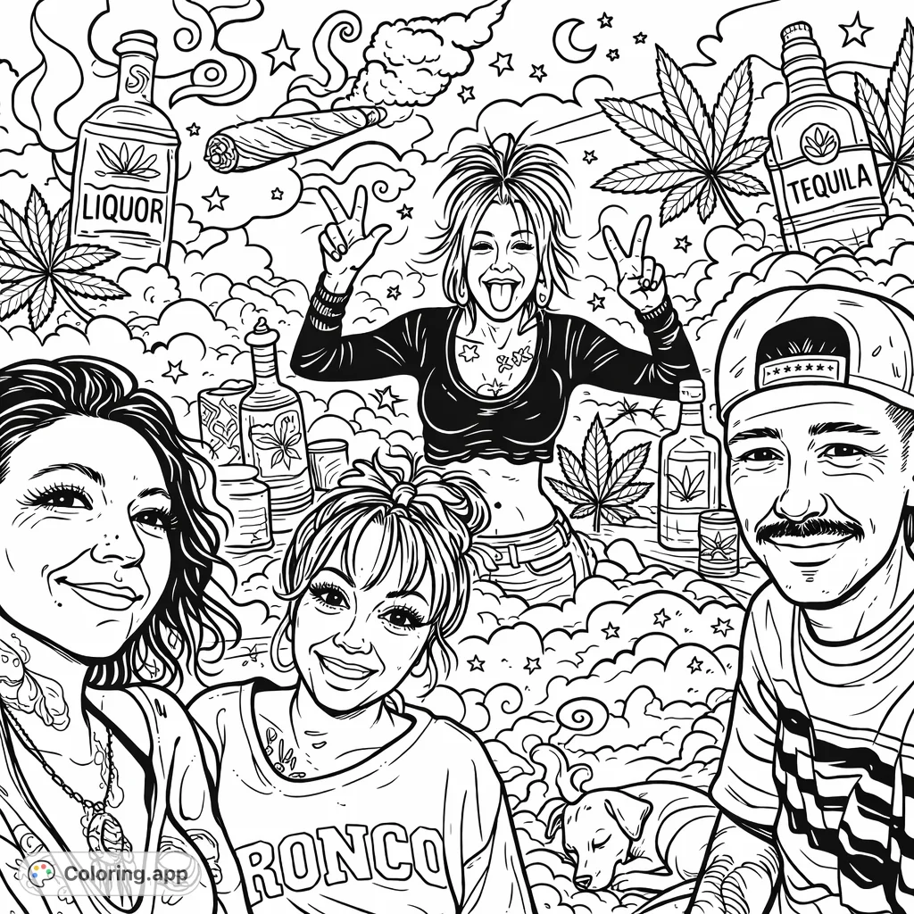 Dive into a quirky, surreal coloring page featuring friends, a playful dog, and hidden decorative elements. A cartoony style with bold outlines awaits your creative touch.