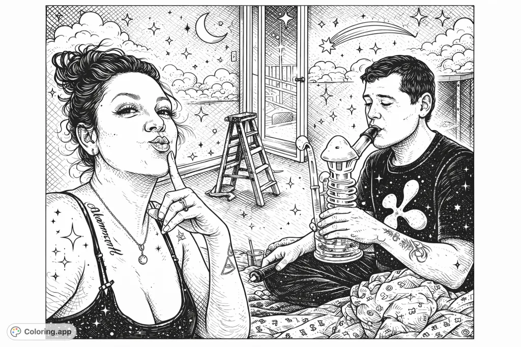 A vintage-style adult coloring page featuring Jaimie and jc relaxing with a glass smoking device, enhanced with celestial elements and crosshatching.