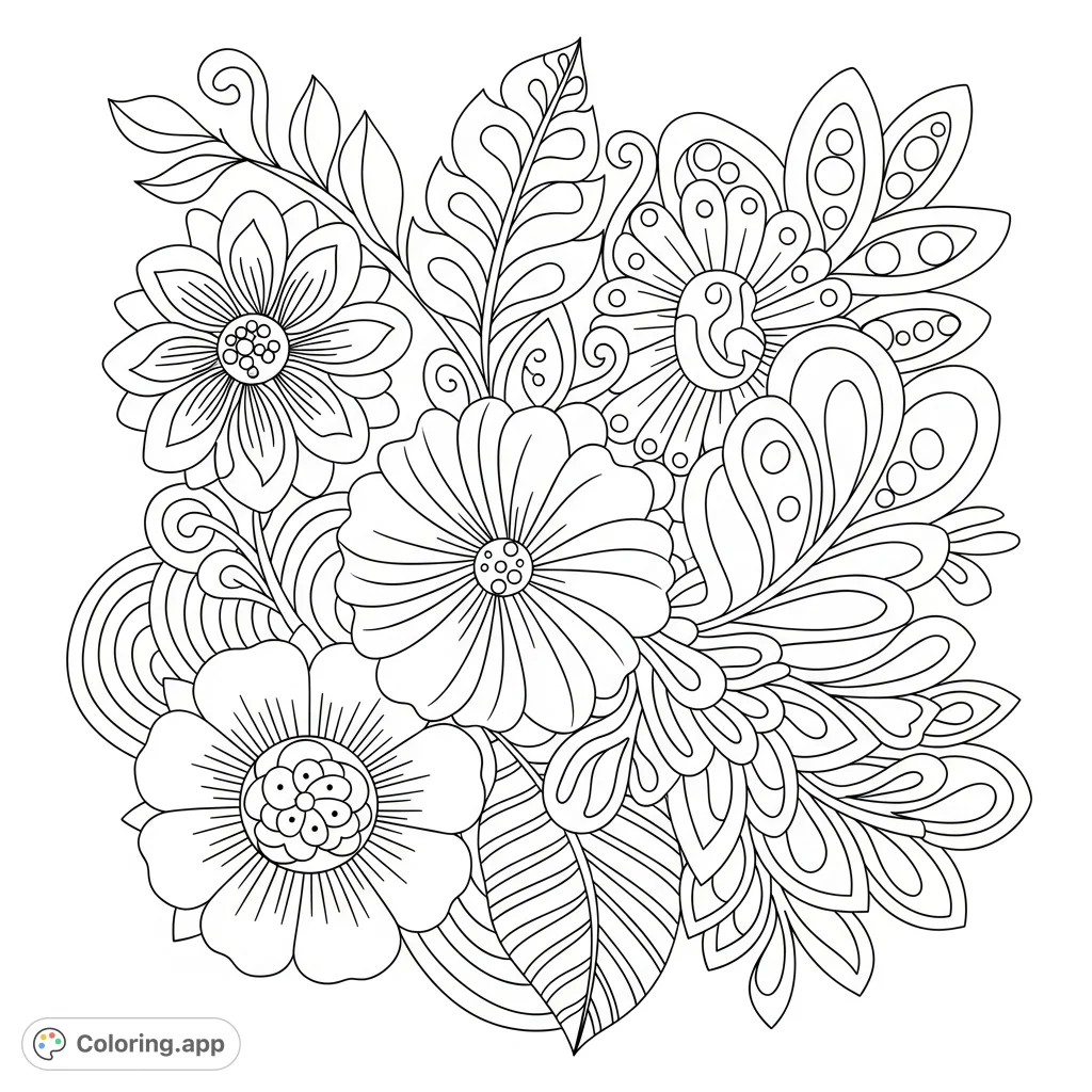 Discover abstract flowers coloring page with stylized petals, leaves, and dynamic organic shapes. A free printable coloring page for creative expression.