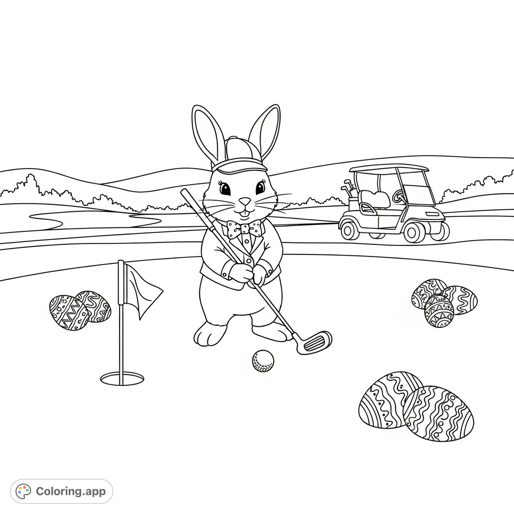A charming Easter bunny aims for a hole-in-one on a vibrant golf green, surrounded by decorated eggs and a waiting golf cart. A delightful spring scene!