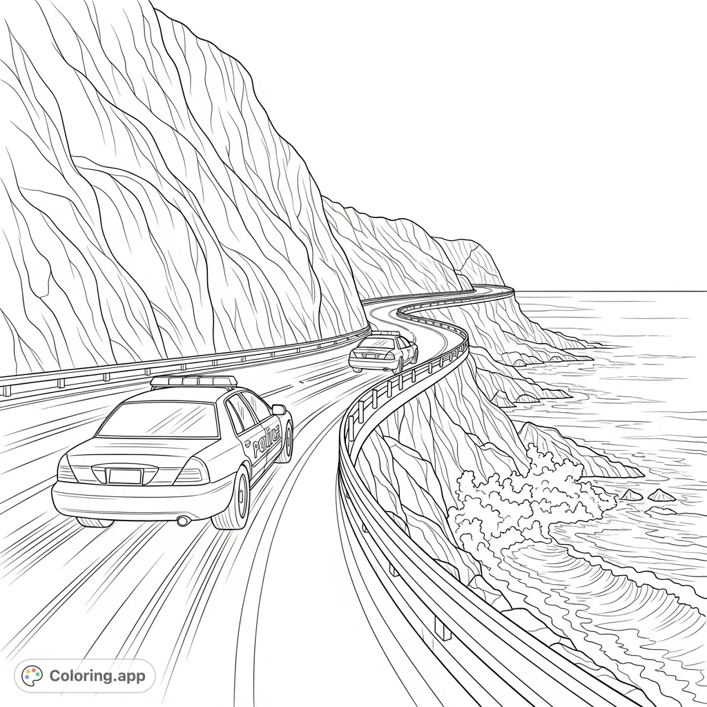 Experience a high-octane police car pursuit along a dramatic coastal highway, with detailed cliffs and crashing waves for an exciting coloring page.