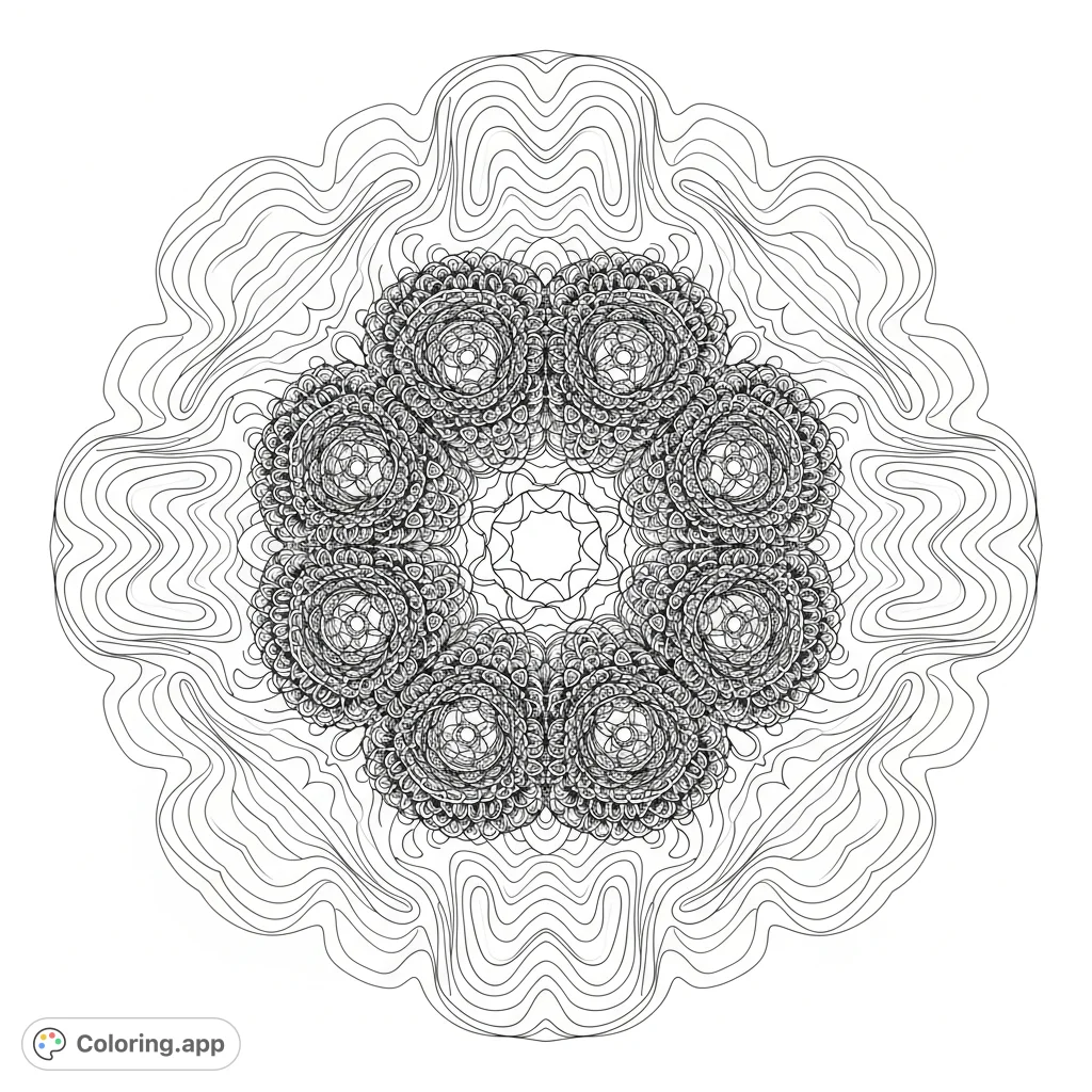 An intricate abstract mandala coloring page filled with symmetrical scribble circles, small loops, and wavy outlines for a captivating and detailed coloring experience.