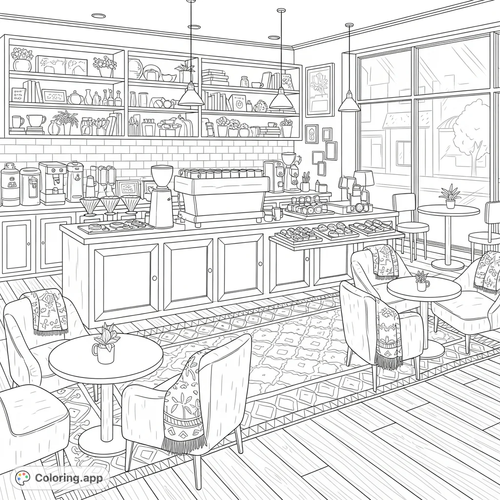Step into a delightful coffee shop scene, filled with warm details like steaming mugs, baked goods, and inviting seating, perfect for a relaxing color session.