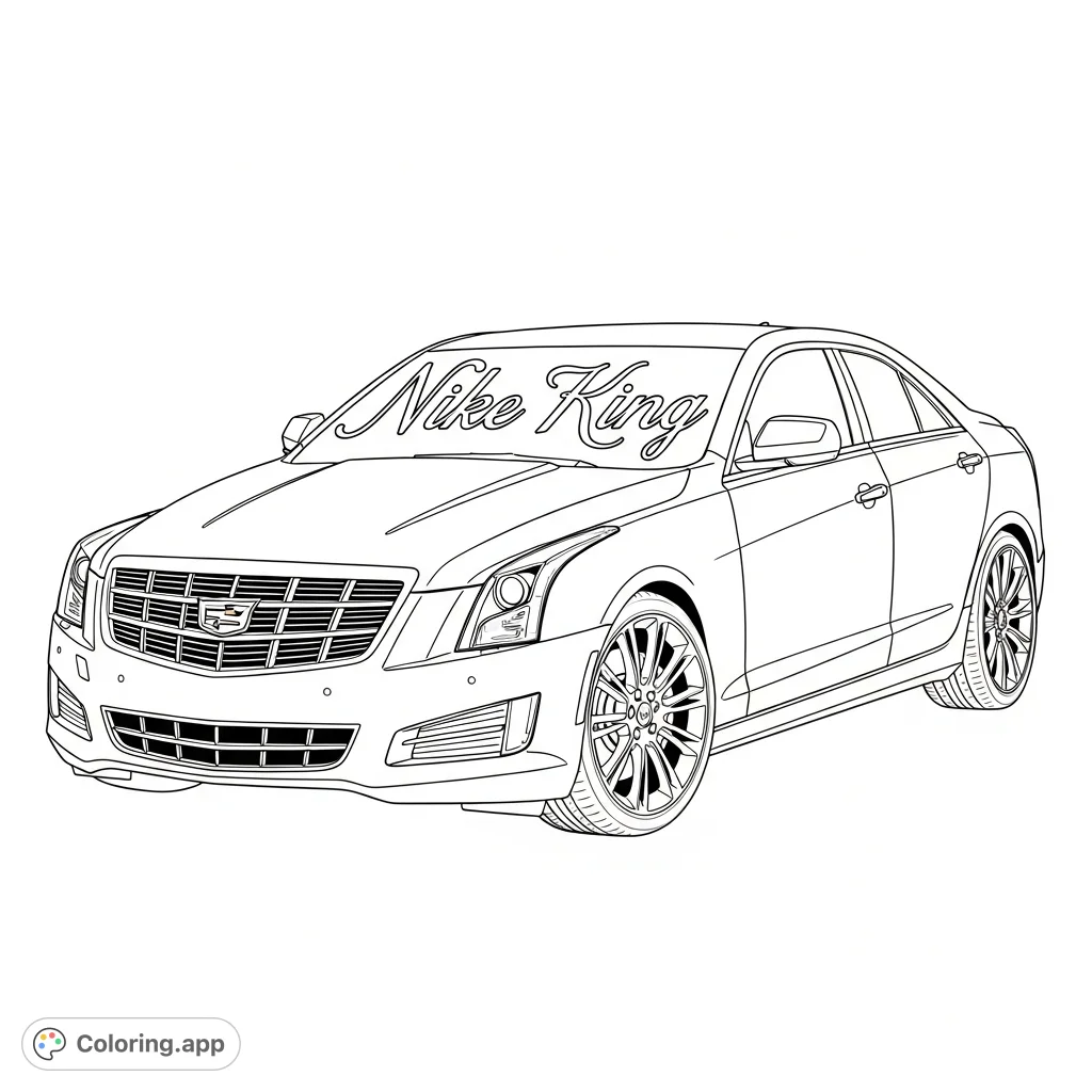 Color a sleek Cadillac ATS, featuring detailed body lines, intricate rims, and a prominent "Nike King" cursive logo on the windshield. A cool automotive coloring page.