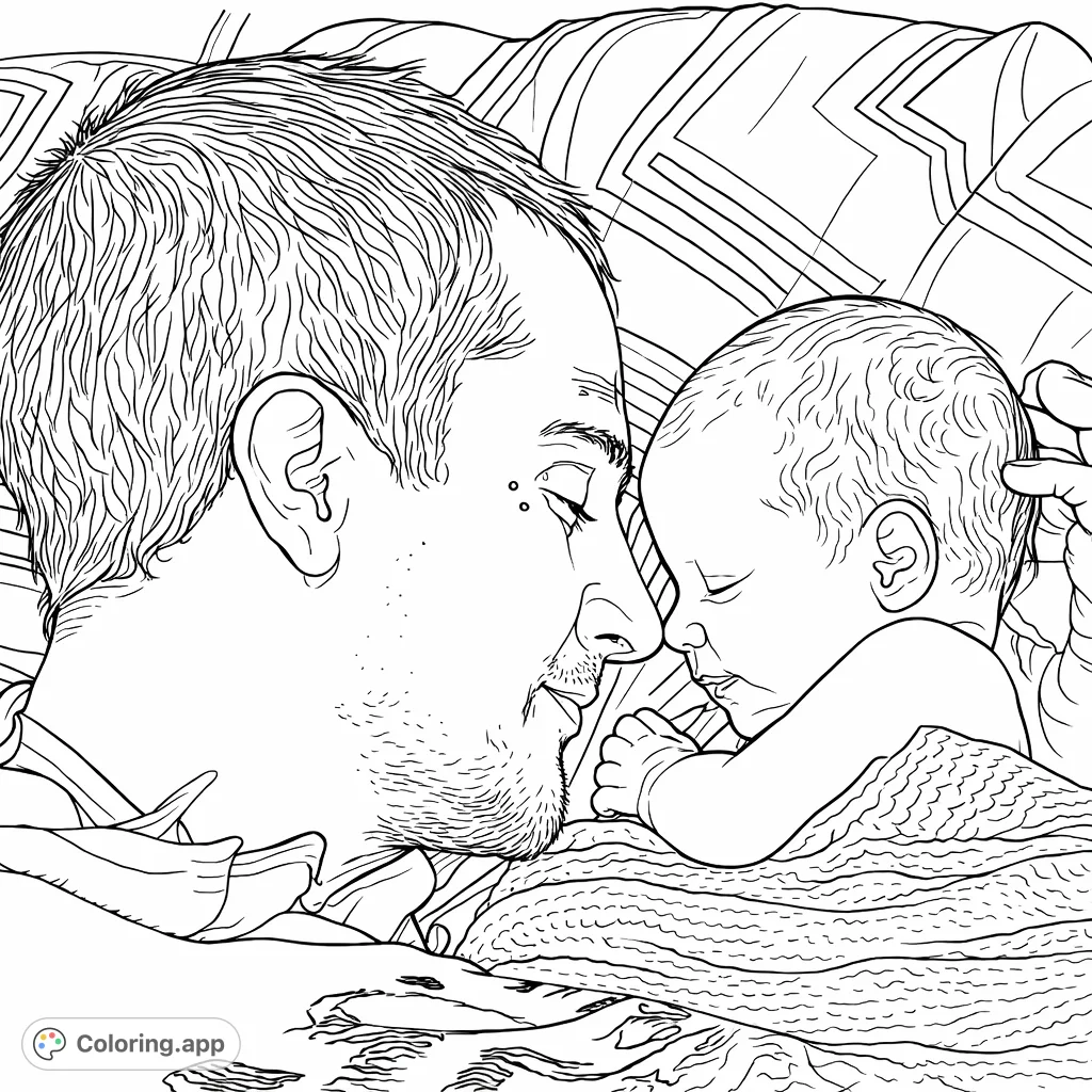 Capture a heartfelt moment with this father and baby coloring page. A tender embrace perfect for celebrating family bonds and the joy of new life.