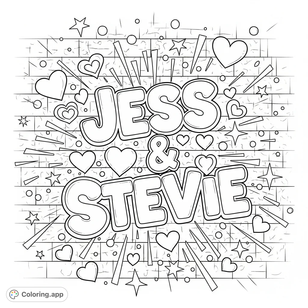 A dynamic graffiti coloring page featuring stylized names 'Jess & Stevie' on a textured brick wall, surrounded by whimsical hearts and sparkling designs.