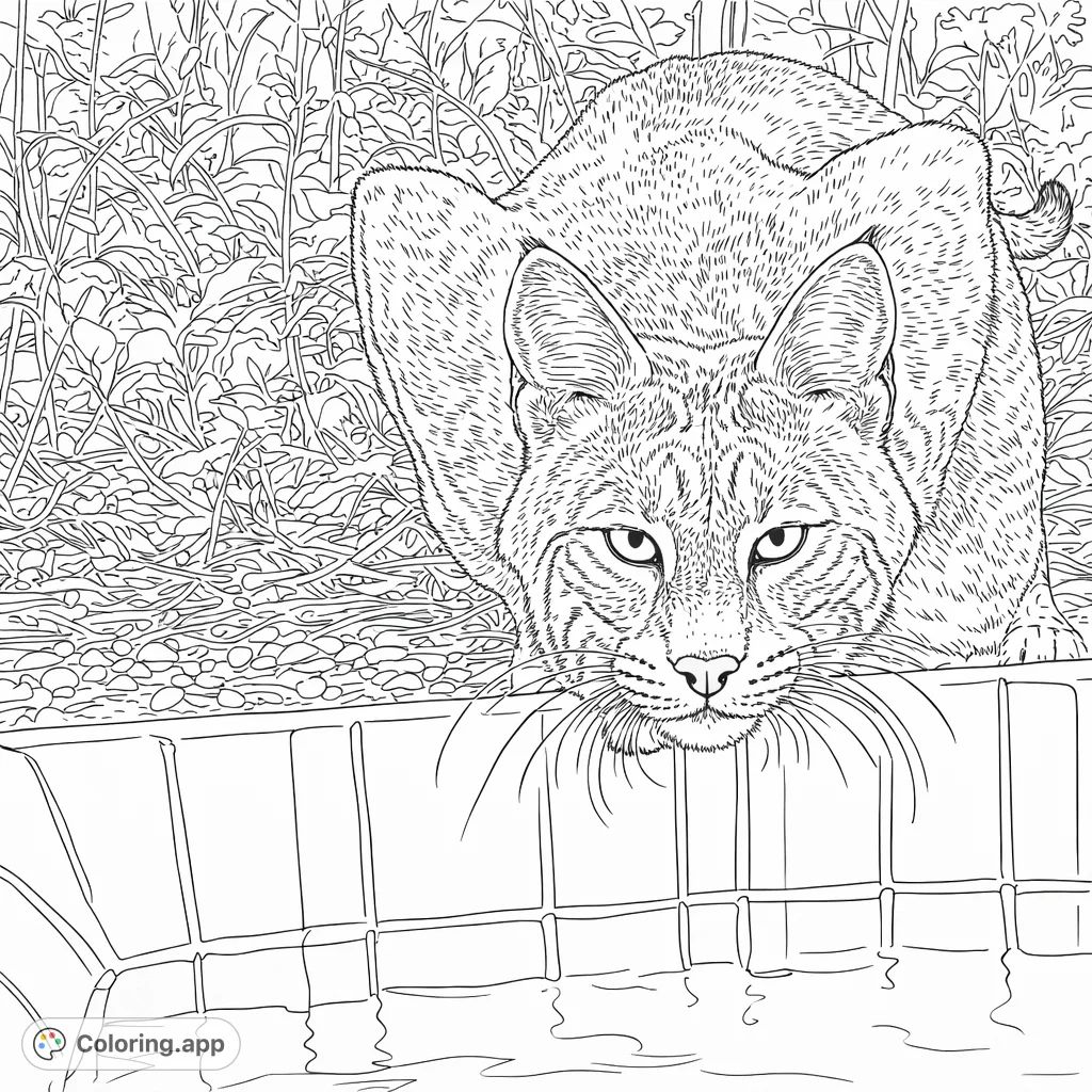 A majestic bobcat pauses at a water basin, its intense gaze and detailed fur inviting a creative touch. Explore the wild beauty in this engaging coloring page.