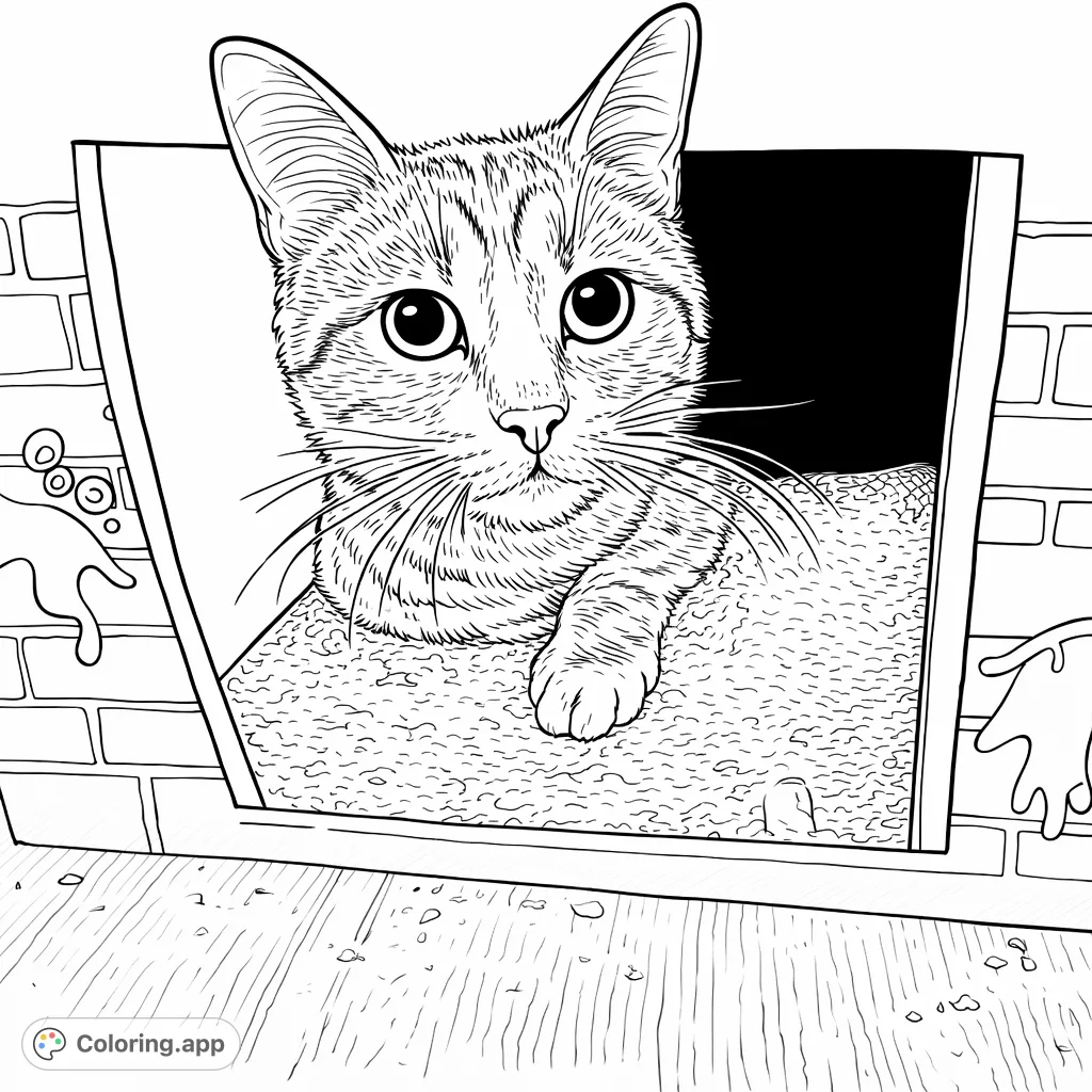 A playful cat peeks from a Halloween-themed cardboard box, ready for creative coloring. Features detailed tabby markings and whimsical box decorations.
