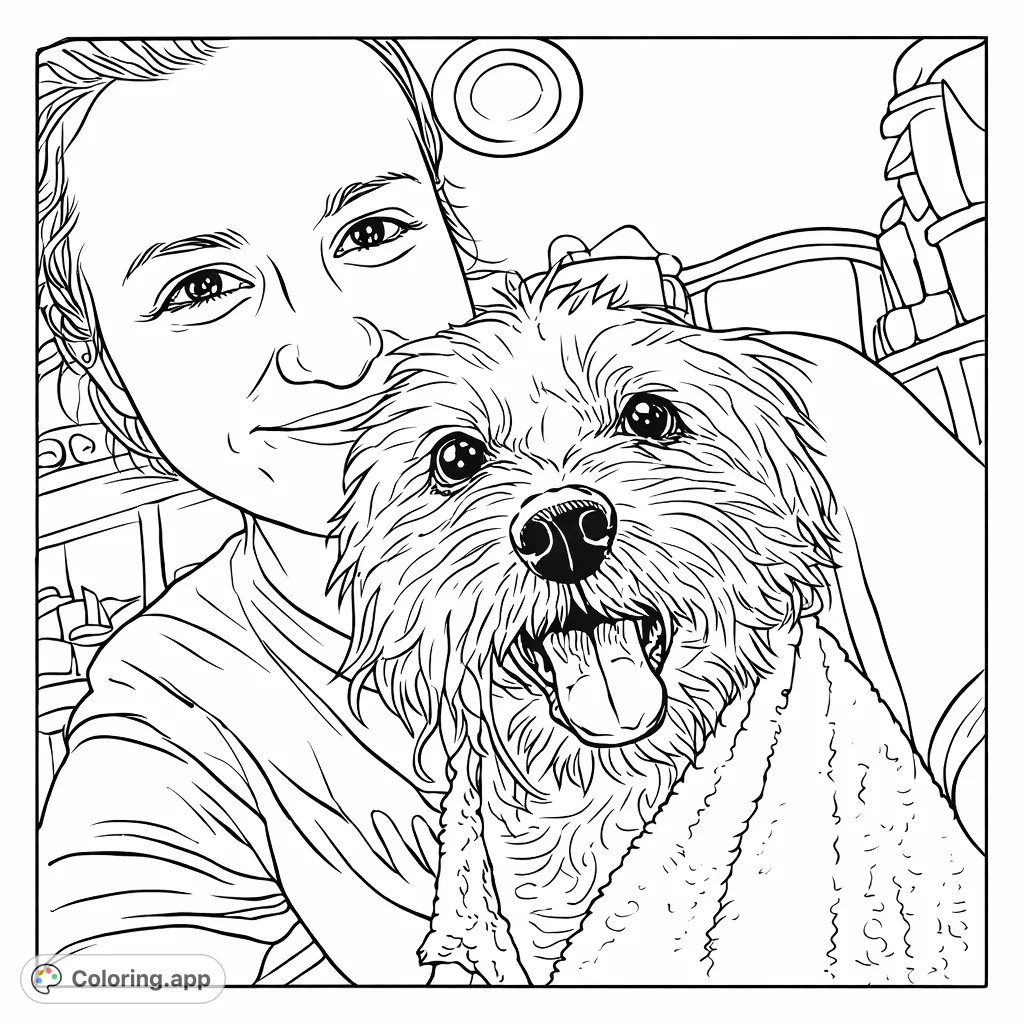 Capture a heartwarming moment with this dog and person coloring page. Features a playful, shaggy dog held by its companion, perfect for animal lovers.