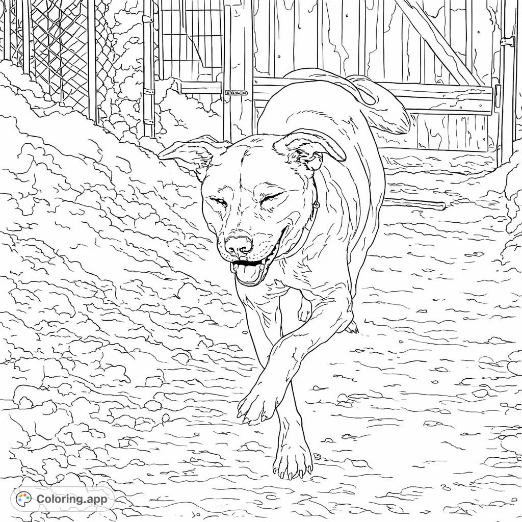 A joyous dog bounds through a snow-covered path, ears flopped back in delight. Capture the playful spirit of a winter canine adventure.