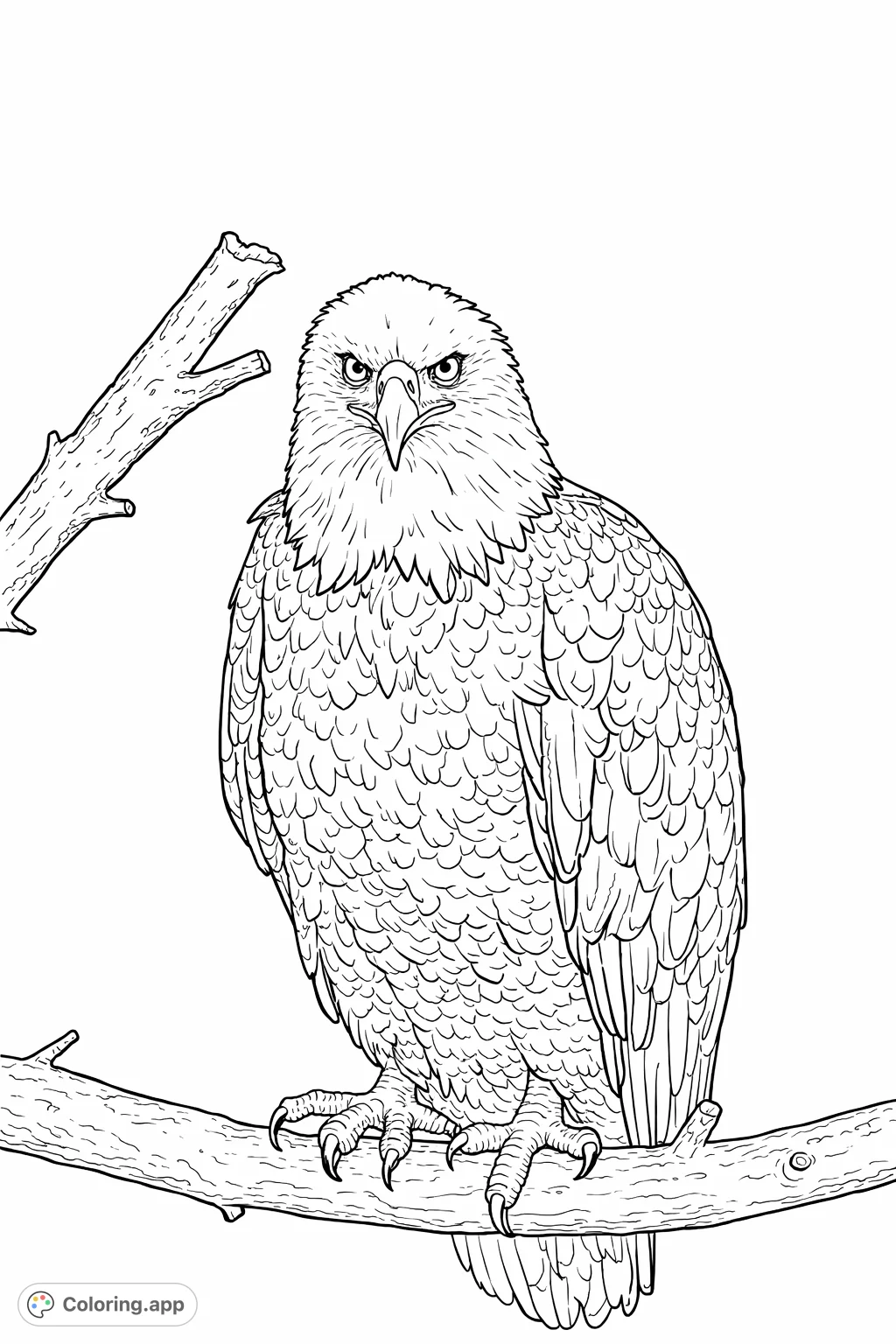 A striking eagle perches regally on a branch, its keen gaze fixed forward. This detailed eagle coloring page offers a captivating wildlife scene for all ages.