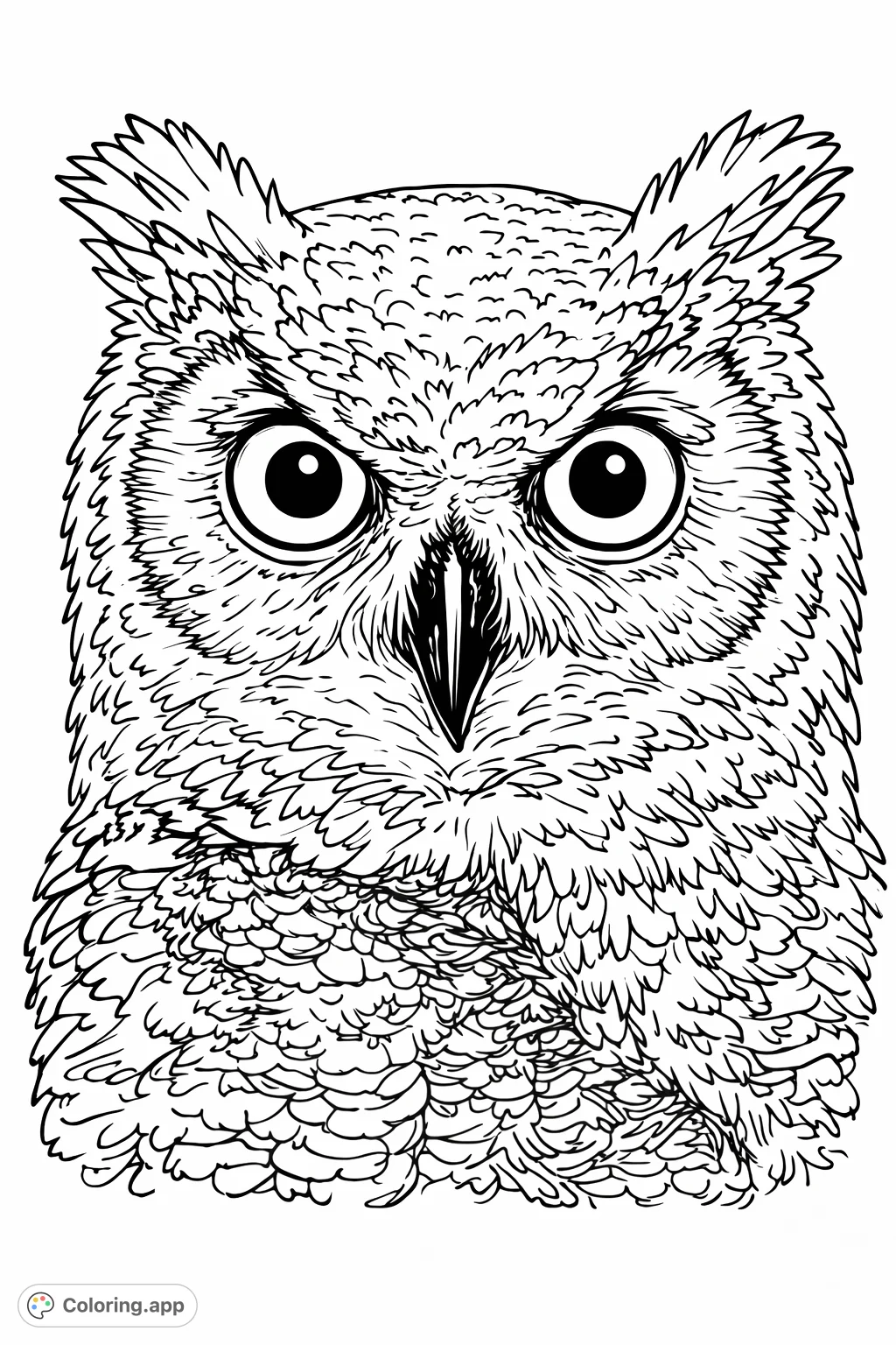 Immerse yourself in the captivating stare of a magnificent owl. This detailed coloring page features intricate feather patterns and expressive eyes, perfect for nature enthusiasts.