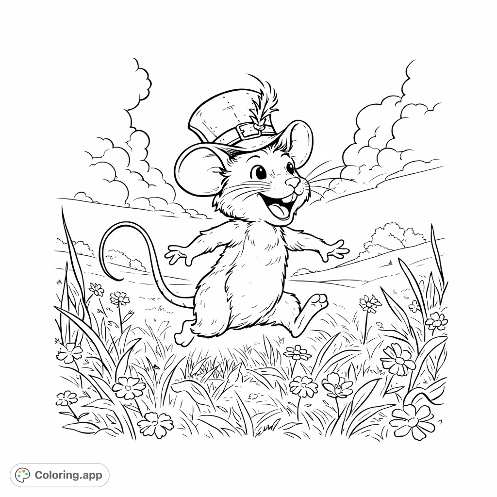 Join a joyful mouse on an adventure through a whimsical field! This delightful coloring page features a charming character ready for imaginative play.