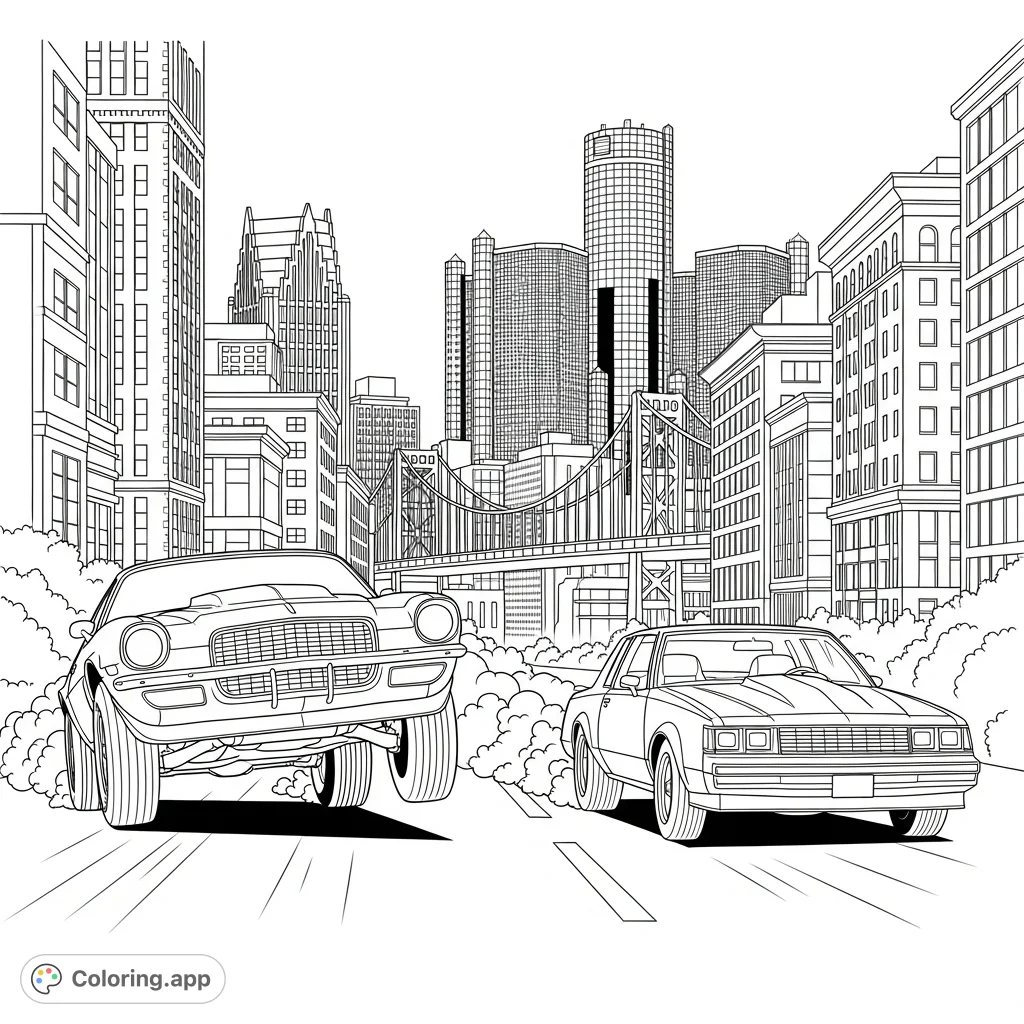 Experience the thrill of a 1971 Camaro and 1987 Grand National street race in downtown Detroit, with the iconic Ambassador Bridge in the background.