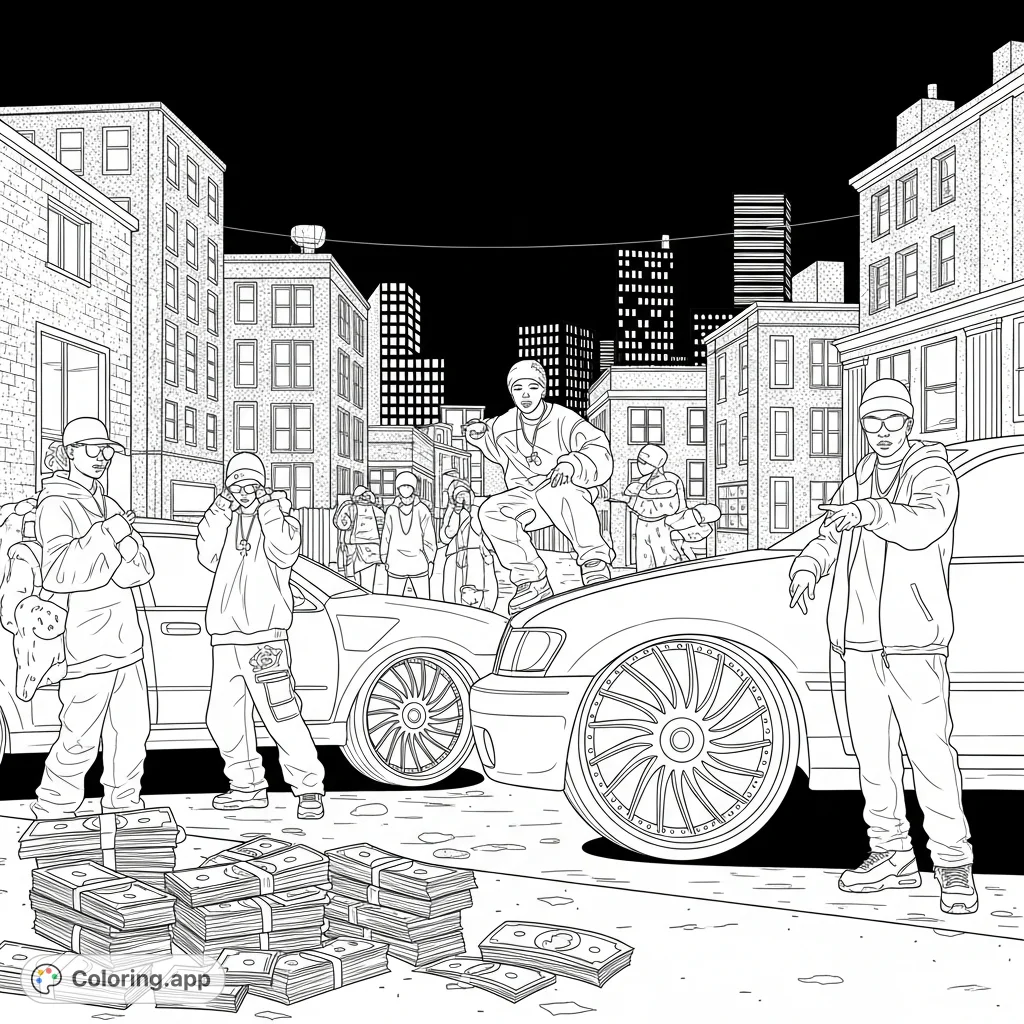 An intense 8 Mile themed coloring page depicting a detailed urban street scene with figures, custom vehicle, large rims, and stacks of currency.