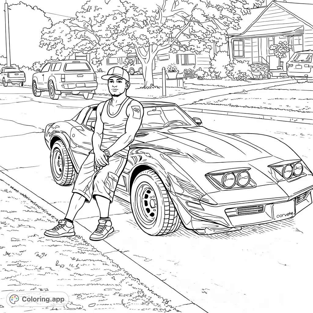 A man strikes a relaxed pose leaning against a classic sports car on a suburban street. Perfect for enthusiasts of vintage vehicles and urban scenes.