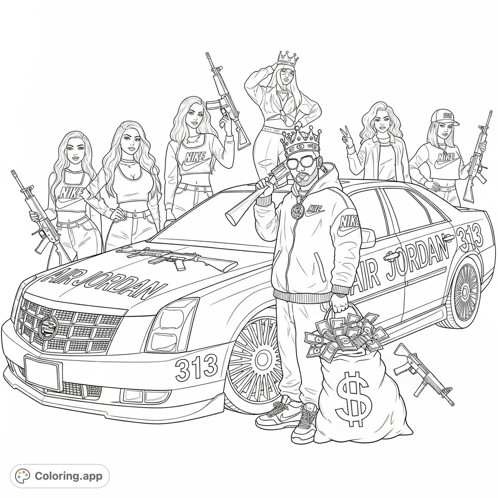 Experience the dynamic allure of urban culture with this detailed coloring page featuring a custom Cadillac, Air Jordan branding, confident figures, money, and firearms.
