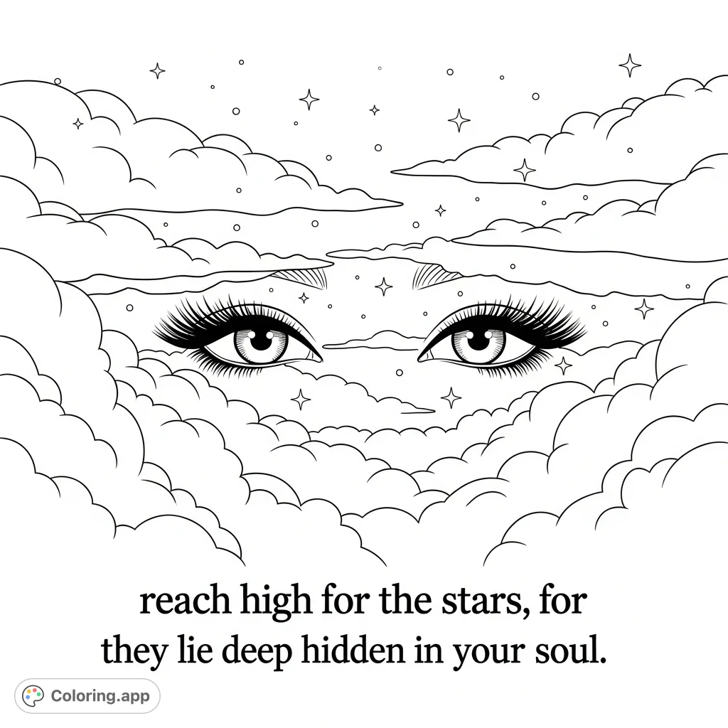 Discover a mesmerizing night sky coloring page featuring almond-shaped eyes peering through clouds and shining stars, with an inspiring quote. Free printable coloring page for mindful creativity.