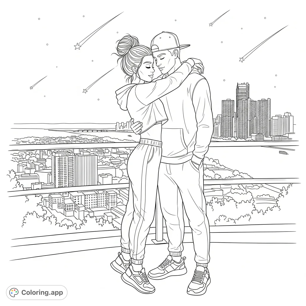 An embracing couple in matching athletic wear stands before the iconic Detroit skyline and river, with shooting stars gracing the night sky.