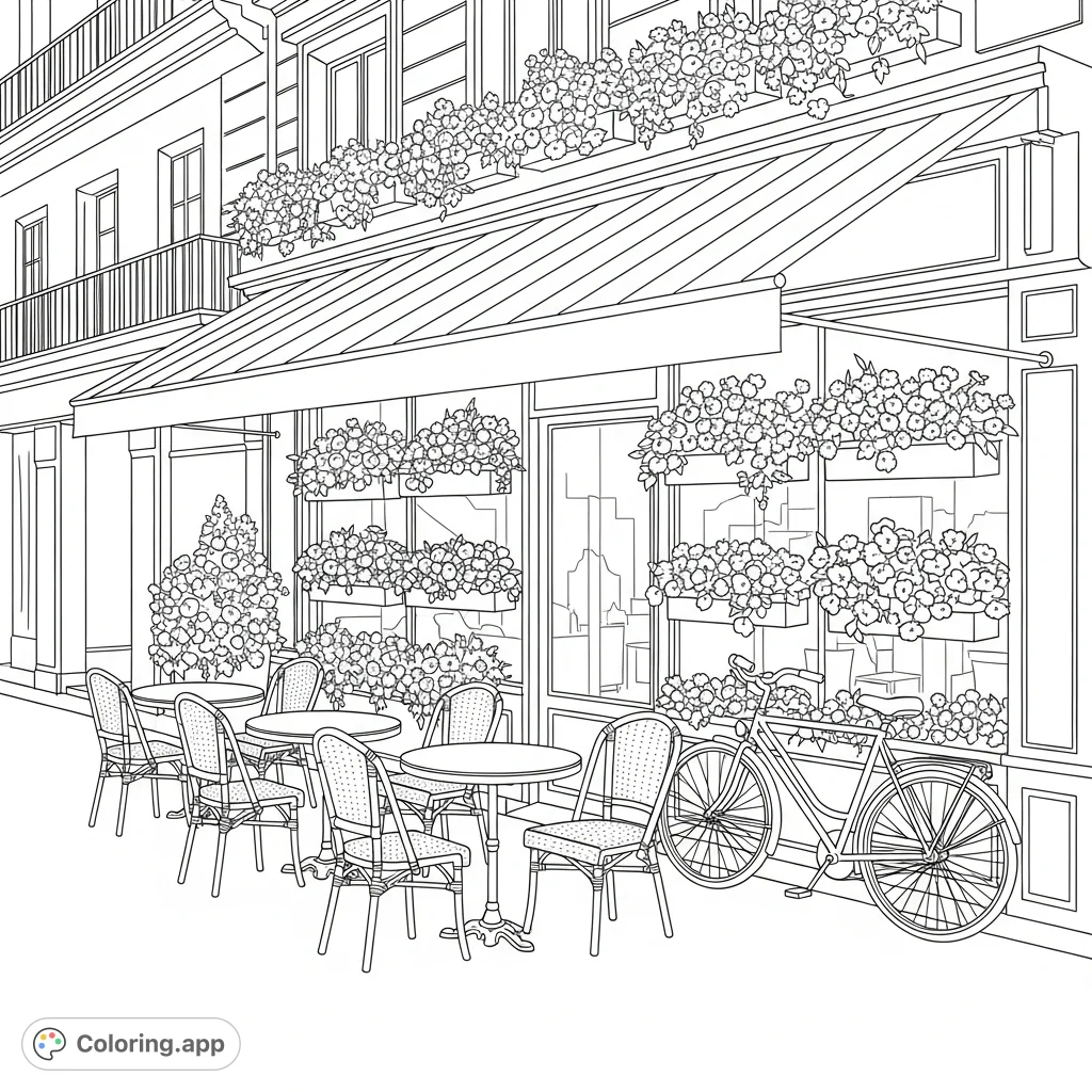 Step into a charming Parisian sidewalk cafe coloring page, featuring bistro tables, wicker chairs, a striped awning, and a flower-filled storefront with a vintage bicycle.